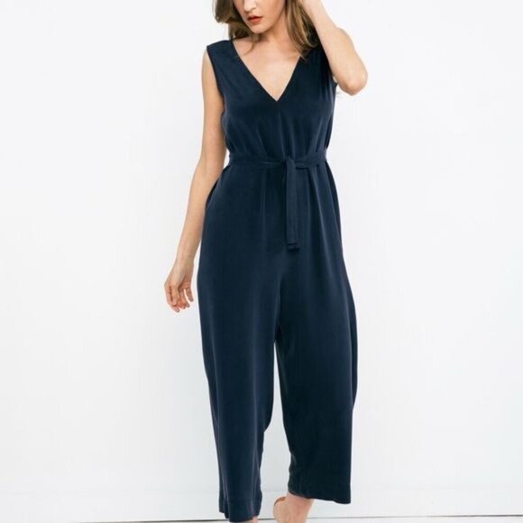 Elizabeth Suzann 100% Linen Belted V Neck Sleeveless Jumpsuit Small Tall